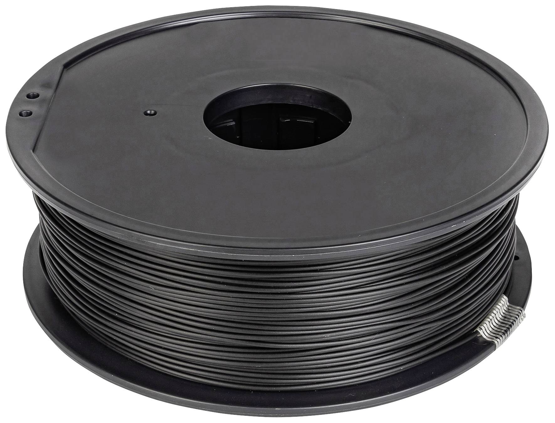 A black plastic spool with wound filament for a 3D printer.