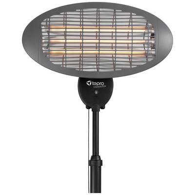 An electric radiant heater with an oval grille, mounted on a stand. Suitable for heating outdoor areas.