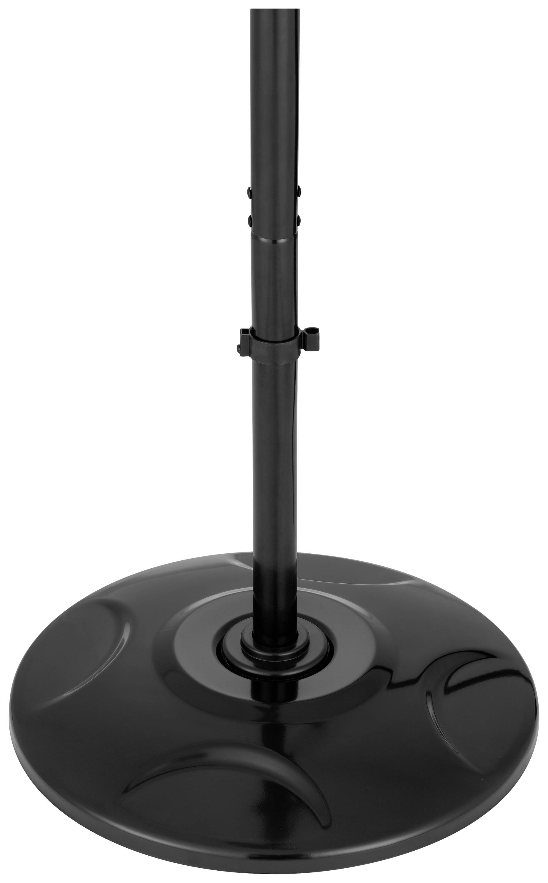 A round, black stand with an adjustable rod that can be used for shelves or signs.