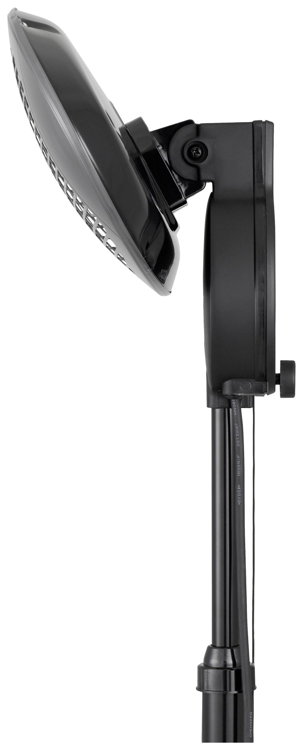 Black and grey desk fan in profile, showing an infinitely adjustable tilt angle, suitable for office or home use.