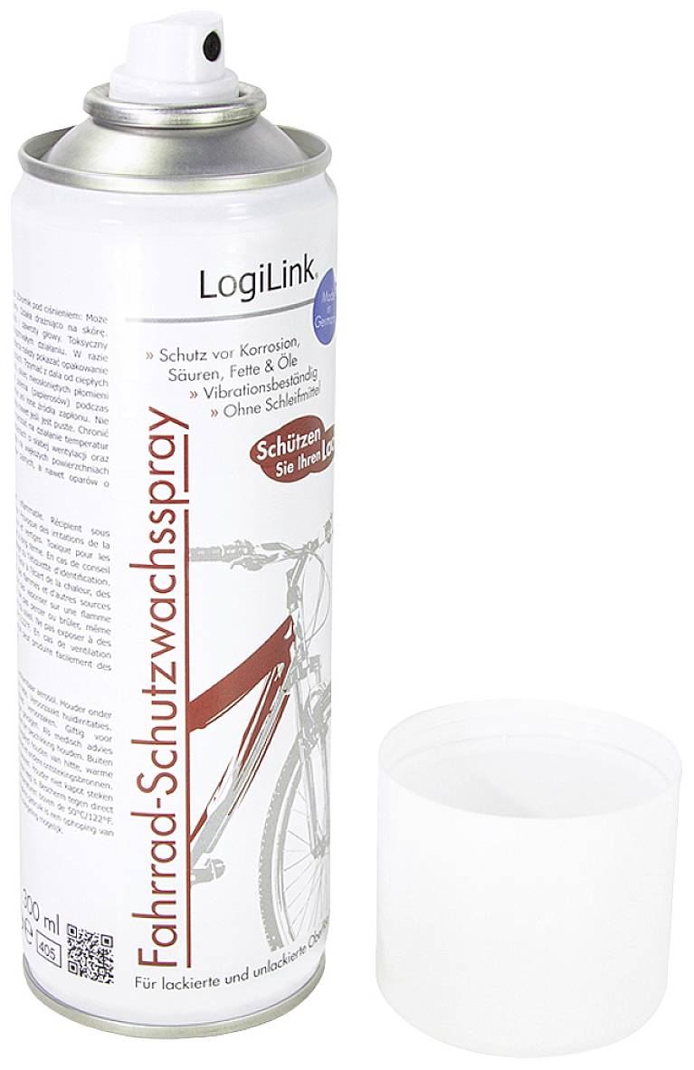 Spray can with the label 'Bicycle Protection Wax Spray', alongside a transparent lid. Protects bicycles from corrosion and wear.