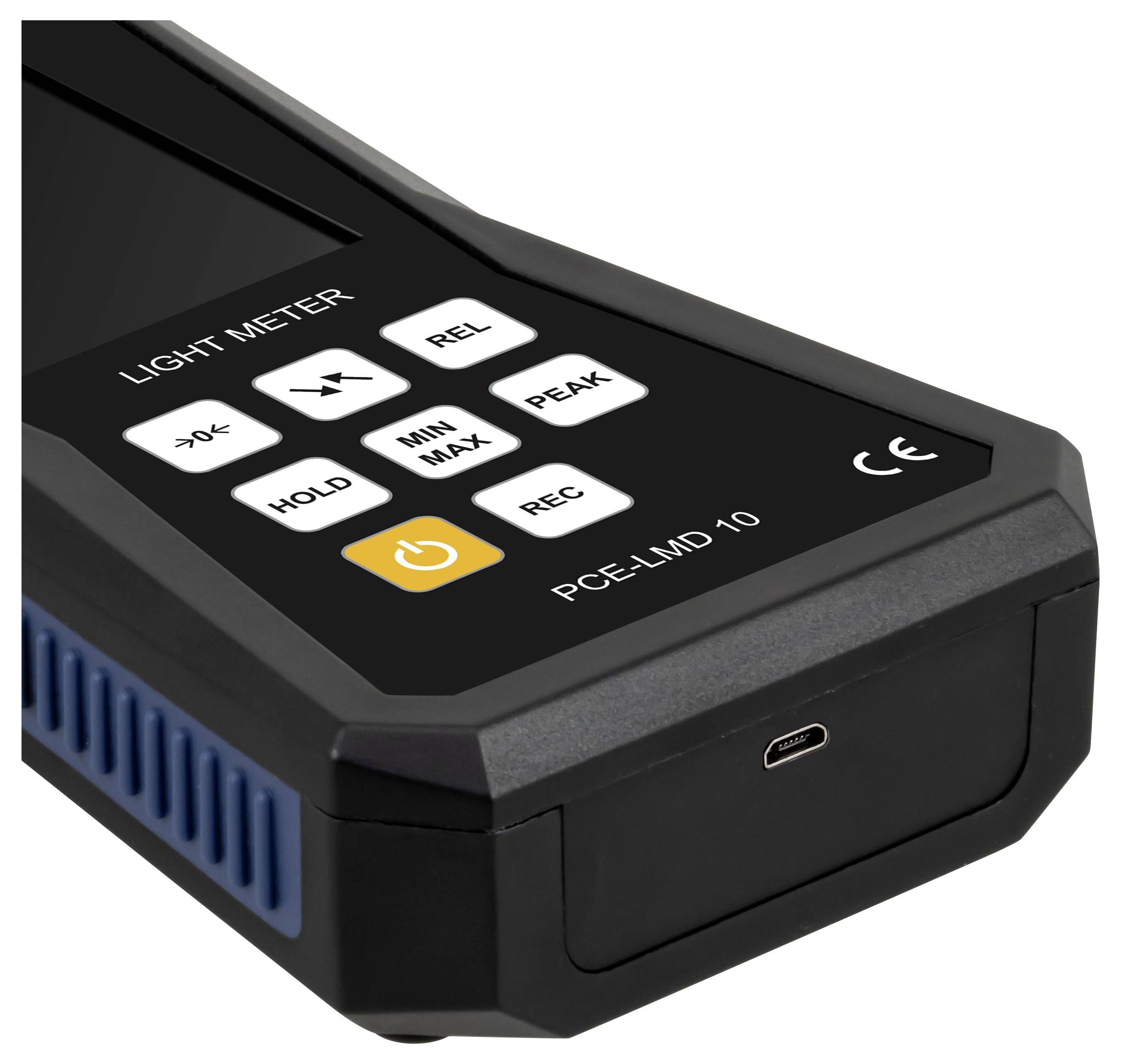 Black PCE-LMD 10 light meter with LCD panel and buttons for hold, rel, peak, min/max and rec, shown in close-up.