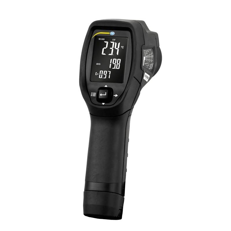 Black handheld infrared thermometer displaying temperature readings on a digital screen.