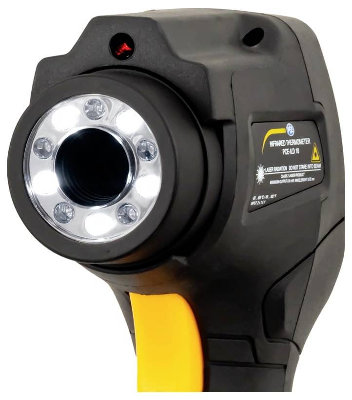 Handheld infrared thermometer gun with circular LED-lit sensor and yellow trigger grip.
