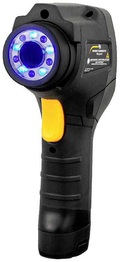 Handheld scanner with a blue LED display and yellow trigger, primarily used for checking barcodes or inspecting products.