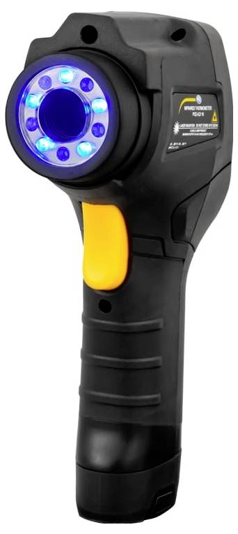 Handheld infrared thermometer with blue illuminated sensor ring and yellow trigger, shown against a white background.