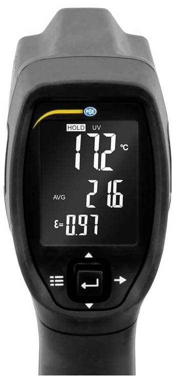 Handheld infrared thermometer showing 17.2°C, average 21.6, and emissivity 0.97 on a digital display with HOLD and UV indicators.