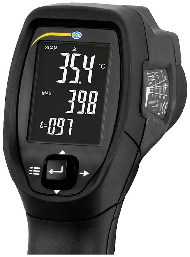 Hand infrared thermometer with digital display showing 35.4 °C. The device has control buttons and is black.