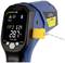 An infrared thermometer displays a temperature of 28.7 °C on a digital display, with a yellow button on the side.