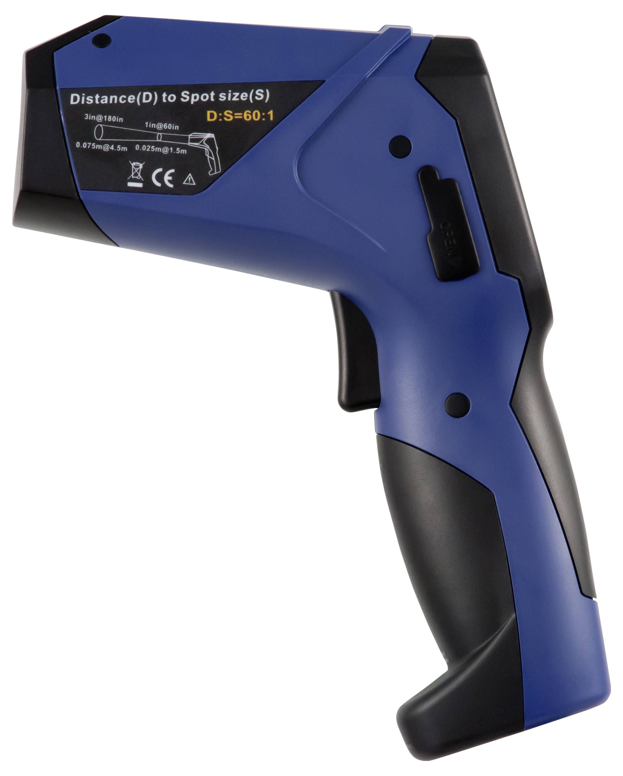 Blue handheld infrared thermometer gun with display showing distance-to-spot ratio information on a white background.