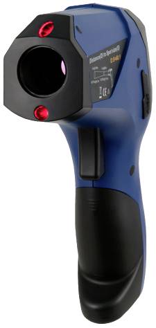 Hand infrared thermometer with digital display for non-contact temperature measurement in a blue-black casing.