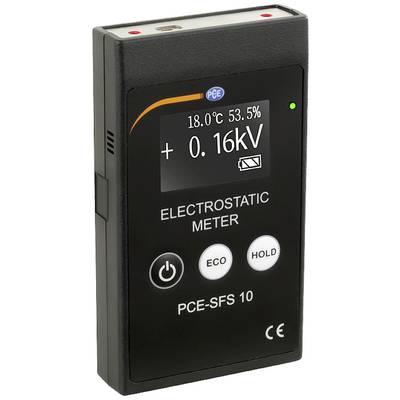 'Electrostatic Measuring Device PCE-SFS 10 with LCD Display, showing 18.0°C, 53.5% Relative Humidity and 0.16 kV Voltage.'