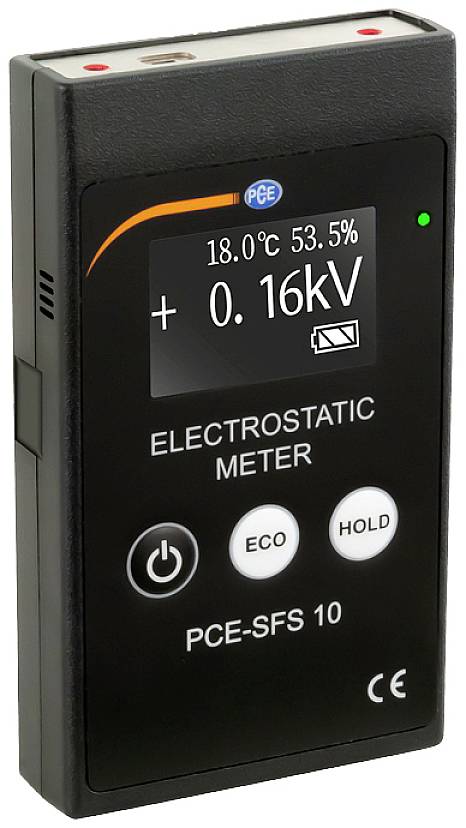 Hand-held device for measuring electrostatic charges. Display shows temperature, humidity and voltage in kV.