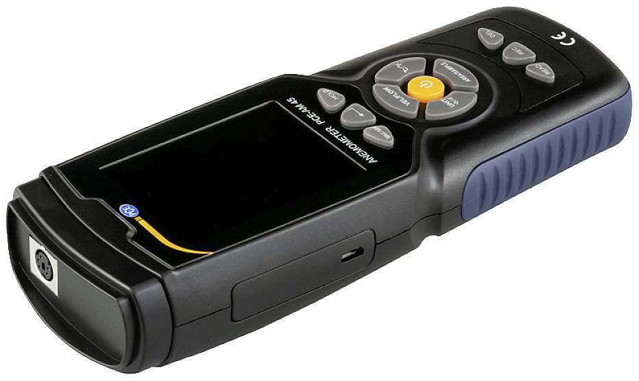 Hand-held measuring device with display and buttons for measuring various electrical parameters, black and blue colour scheme.