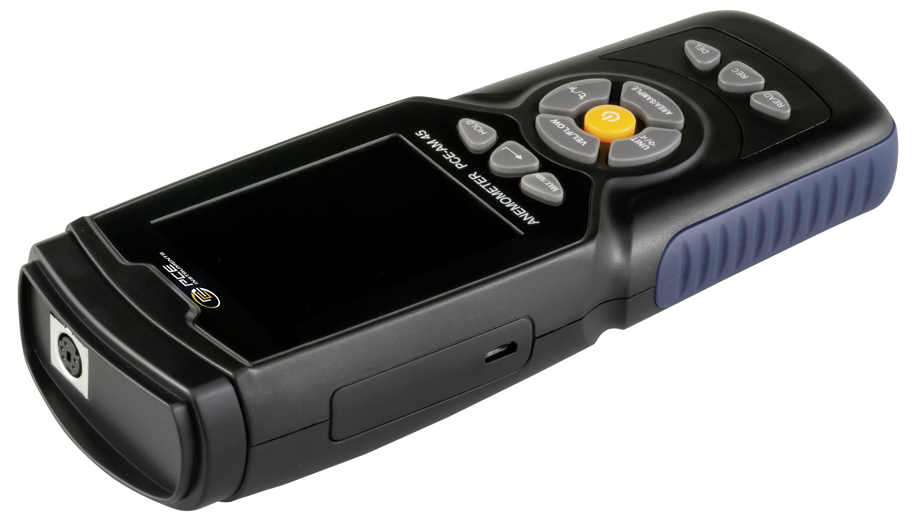 Black handheld electronic device with screen, directional buttons, and orange power button, shown at an angle on a white background.