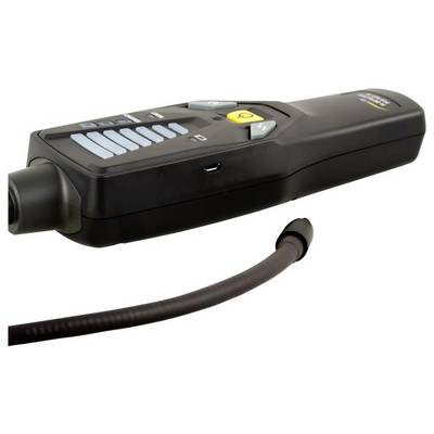 Black handheld electronic device with buttons and a yellow power symbol, shown with a connected cable on a white background
