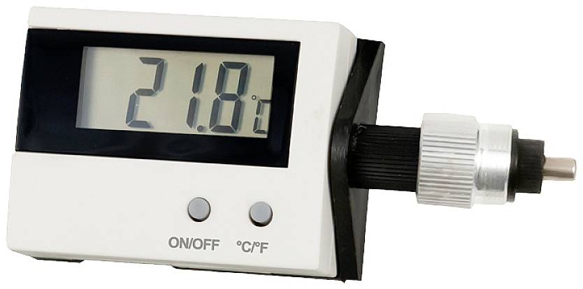 Digital thermometer shows 21.8 degrees Celsius. Device with on/off and temperature buttons.