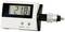 Digital thermometer shows 21.8 degrees Celsius. Device with on/off and temperature buttons.