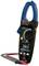 A digital clamp meter for measuring electrical currents. It has an LCD display and red and black test leads.