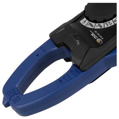 Blue and black clamp meter jaws, partially open, used to measure electrical current.