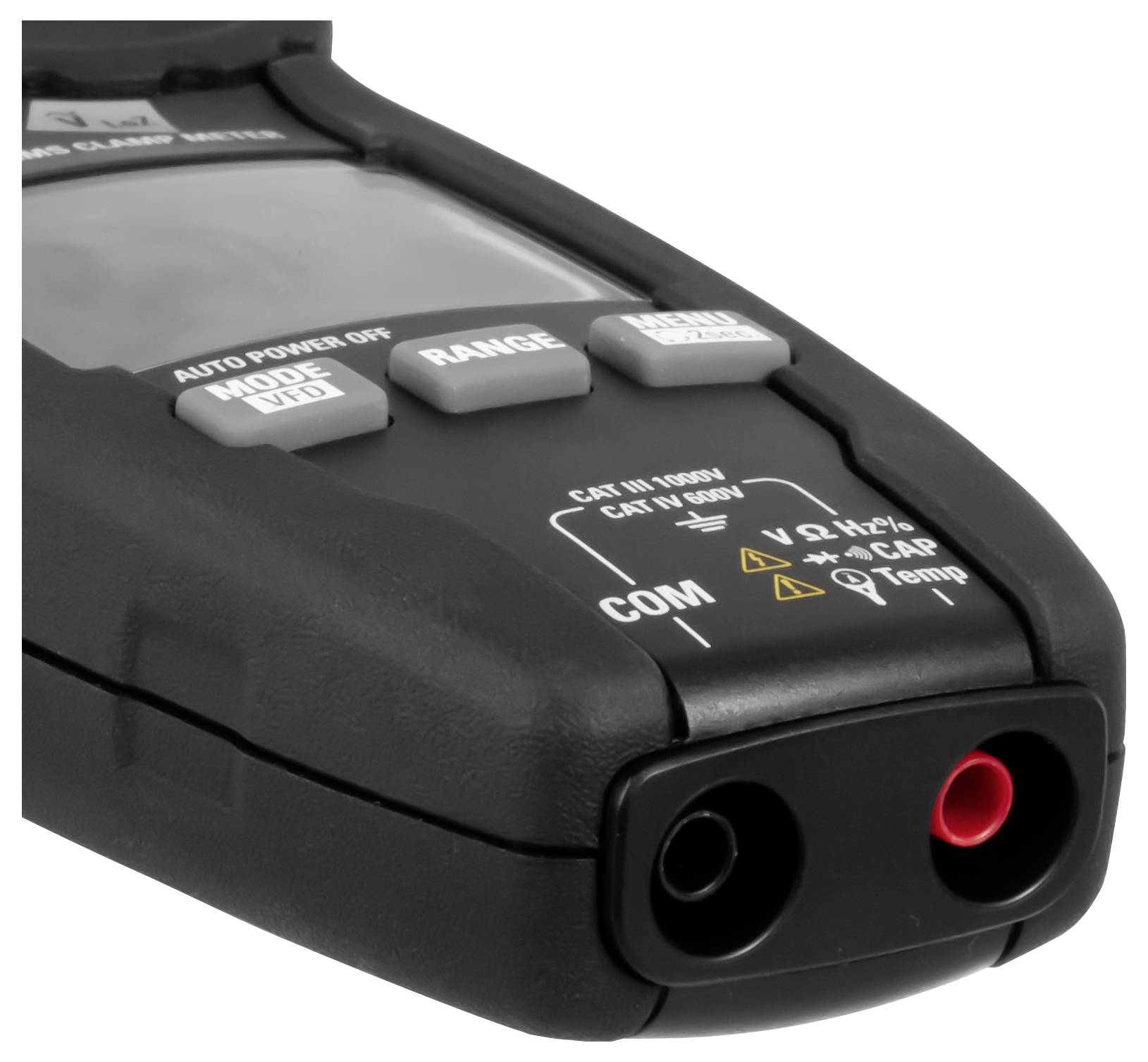Close-up of a digital multimeter with COM and red probe input jacks, MODE, RANGE, and AUTO POWER OFF buttons visible.<br>