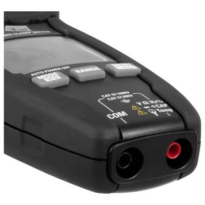 Close-up of a digital multimeter with COM and red probe input jacks, MODE, RANGE, and AUTO POWER OFF buttons visible.<br>