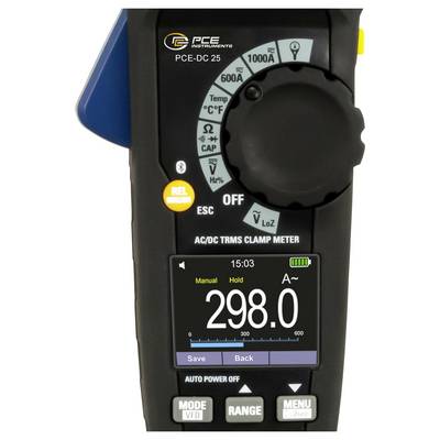 Digital clamp meter showing an AC current reading of 298.0 A on its screen, with mode and range buttons below the display.