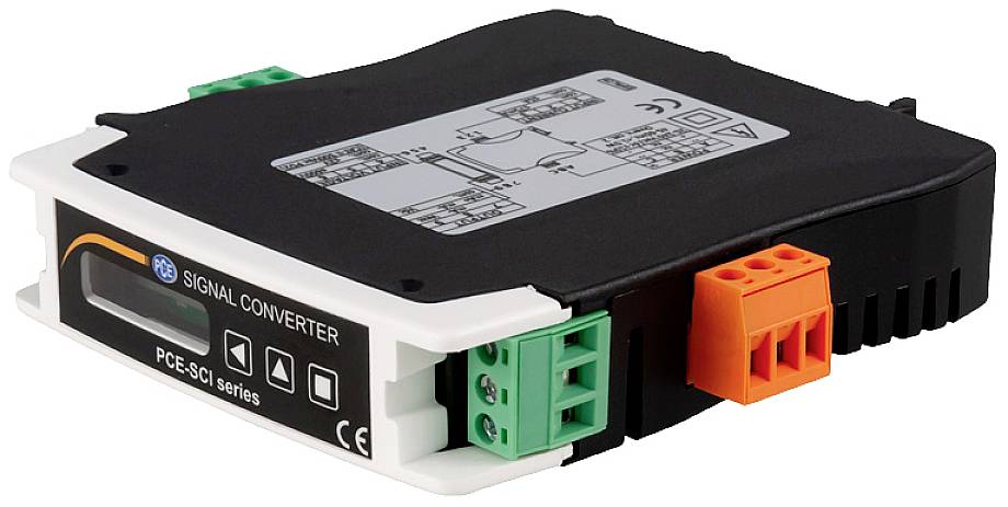'Black signal converter with connection options on the sides, labelling on top, suitable for the PCE-SCI series.'
