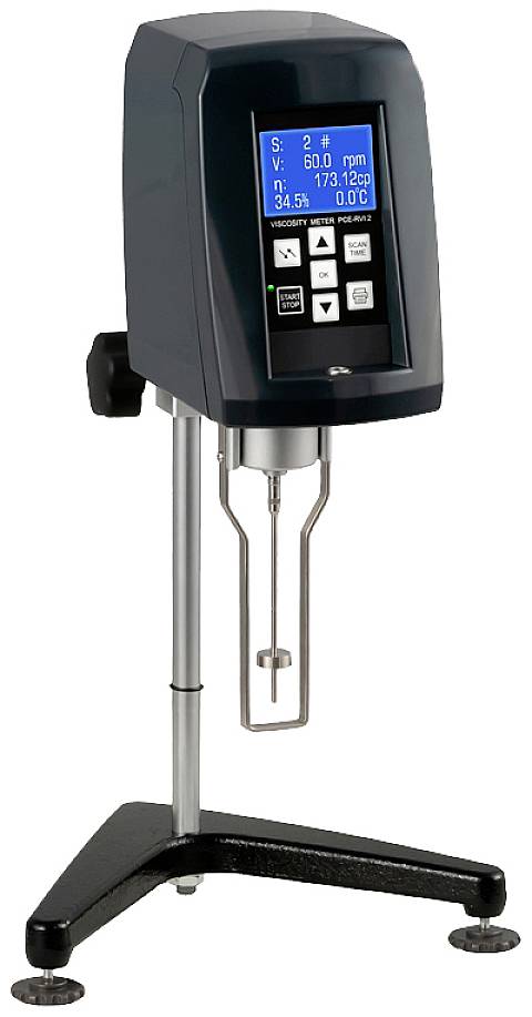 'Viscometer with digital display' shows measuring values for viscosity, temperature and rotational speed. Device stands on a stable stand.