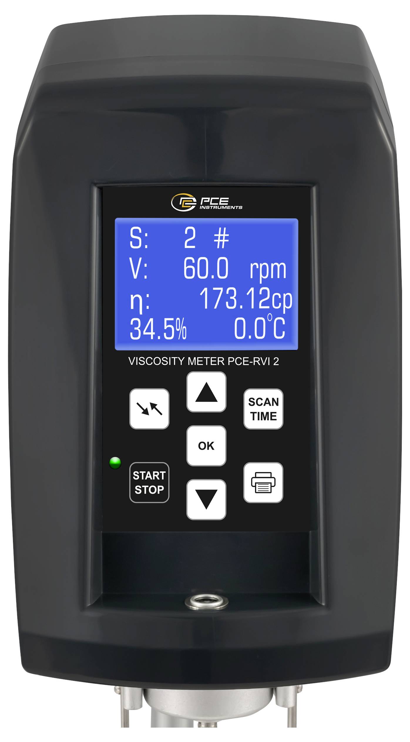 PCE viscosity meter showing live readings on a blue display, including 60.0 rpm, 173.12 cP, 34.5%, and 0.0°C, with control buttons below.