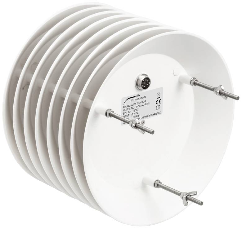 A white, round air quality sensor with multiple grooves and a connection socket in the centre, surrounded by four mounting pins.