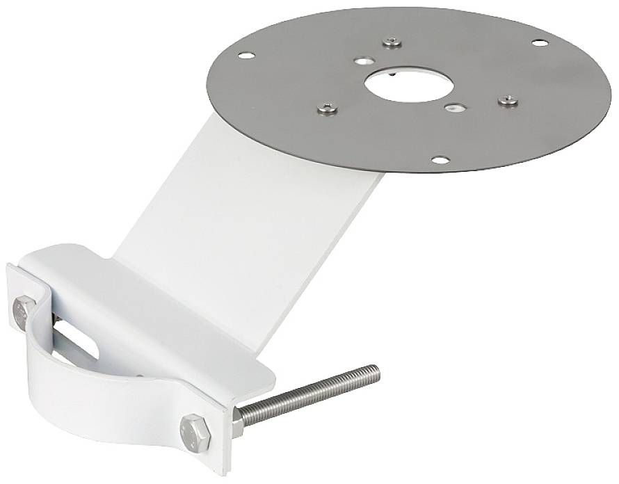 Metal angle bracket with round plate and screws, suitable for mounting on walls or posts.