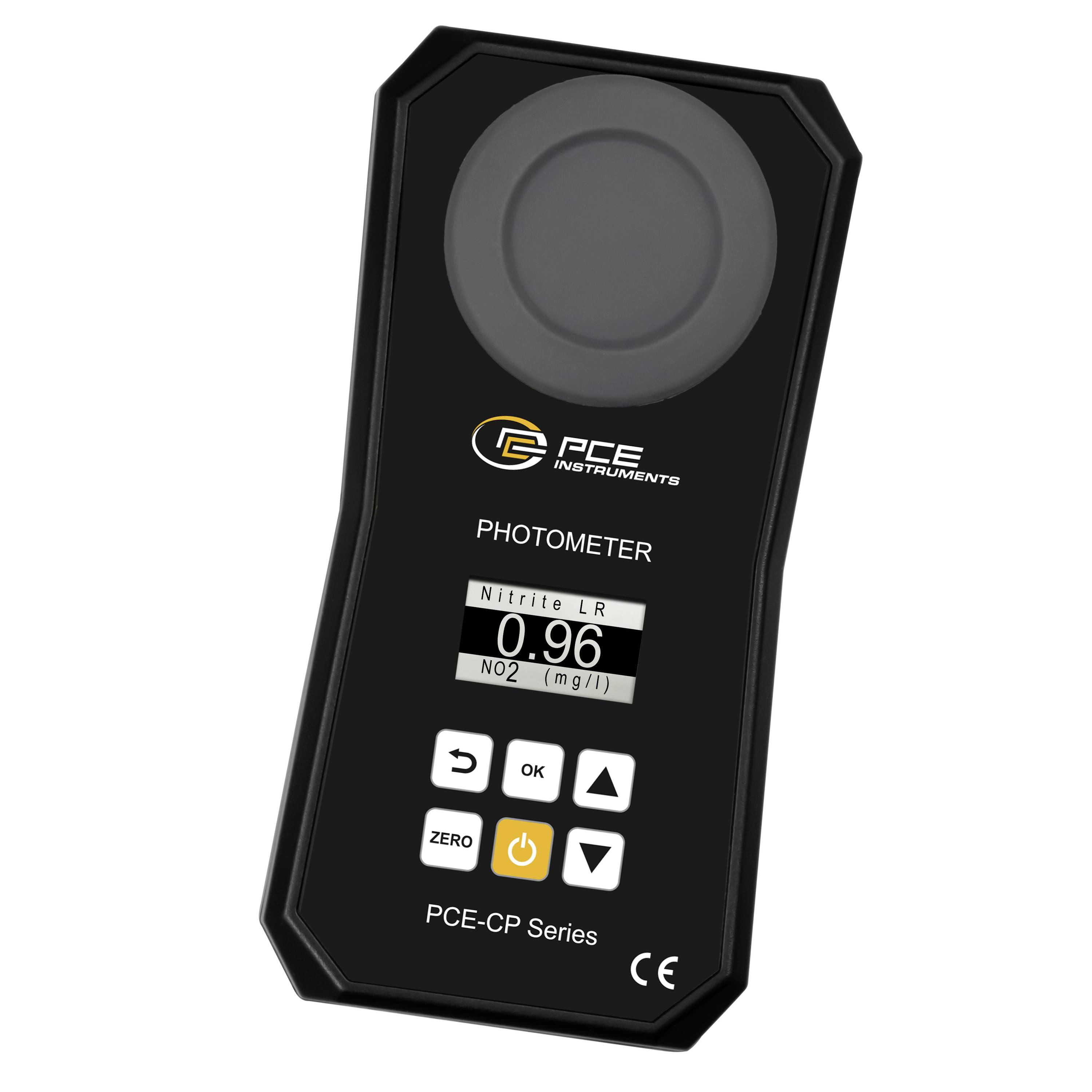 Handheld PCE Instruments photometer showing 'Nitrite LR' reading 0.96 mg/l, with control buttons and sensor window.