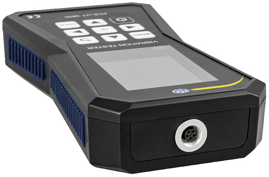 Handheld device with a screen and buttons for operation, likely a vibration testing device with connections on the front panel.