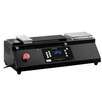 Black benchtop lab machine with dual silver clamping plates, digital control panel, and red emergency stop button on a white background