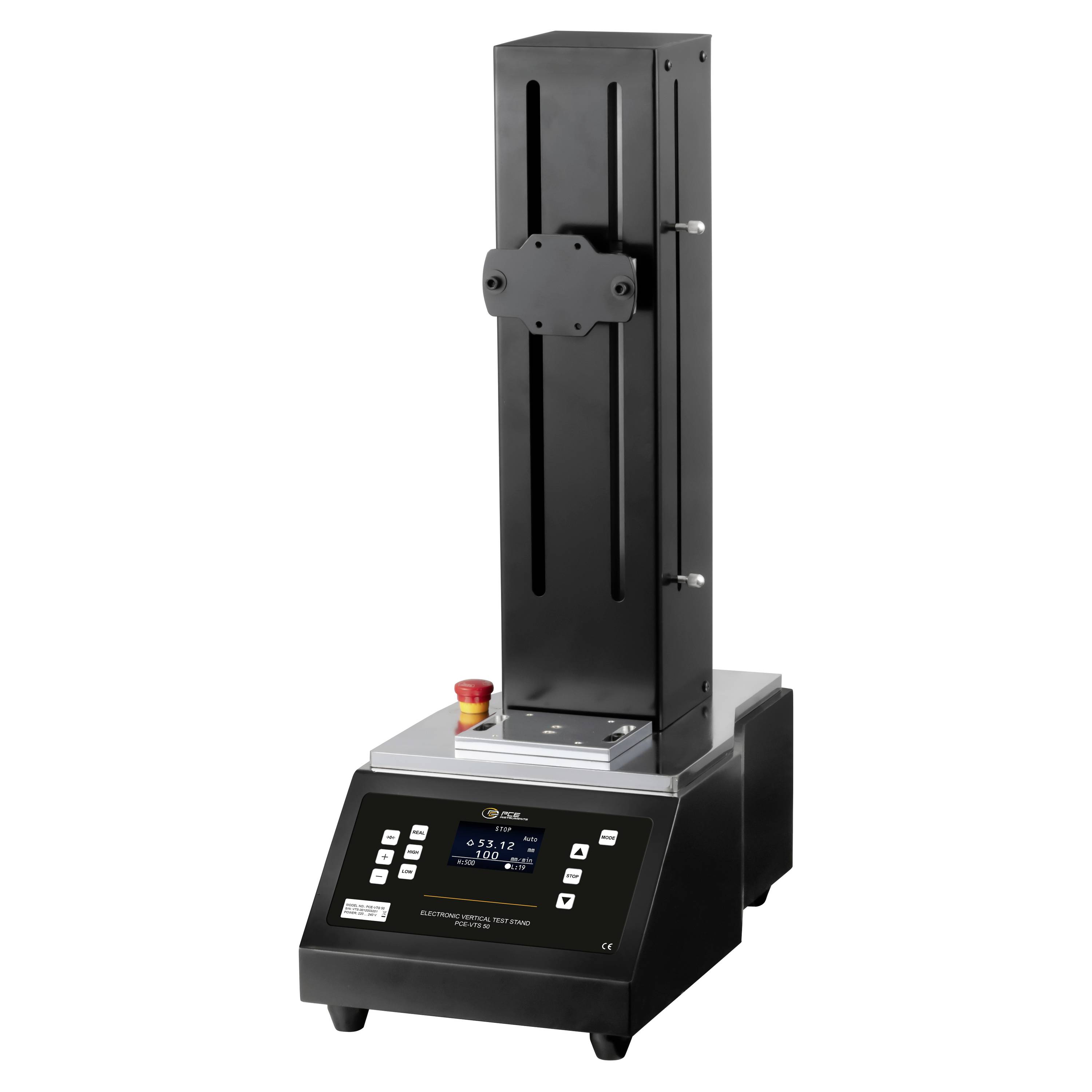 Industrial benchtop testing machine with tall vertical column, sample platform, control panel, and emergency stop button<br>