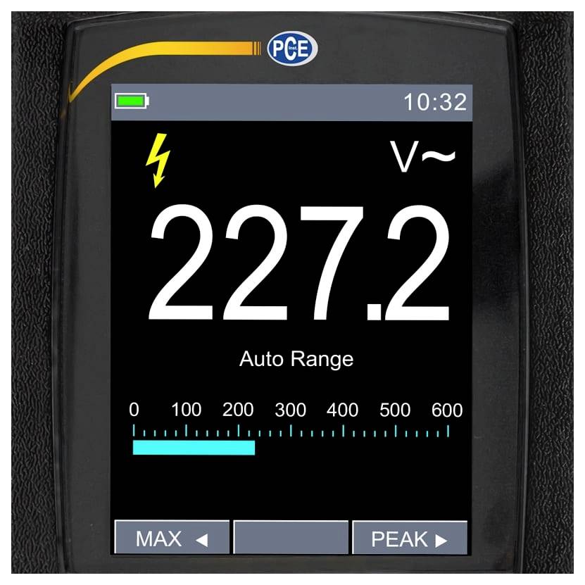 Digital power meter display showing 227.2 V AC with auto range, battery icon, and MAX/PEAK buttons.