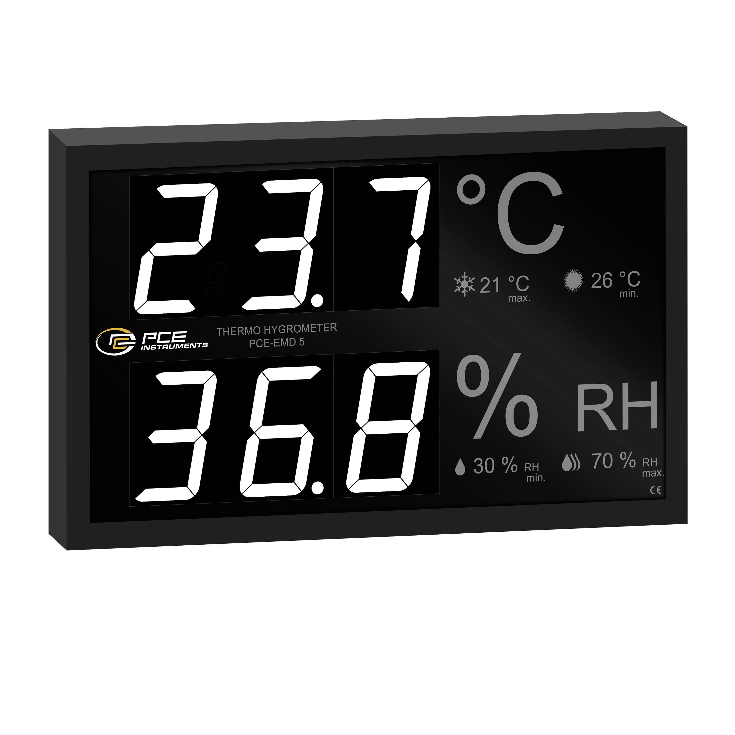 Digital thermo-hygrometer display showing 23.7°C temperature and 36.8% relative humidity, with min/max indicators.<br>