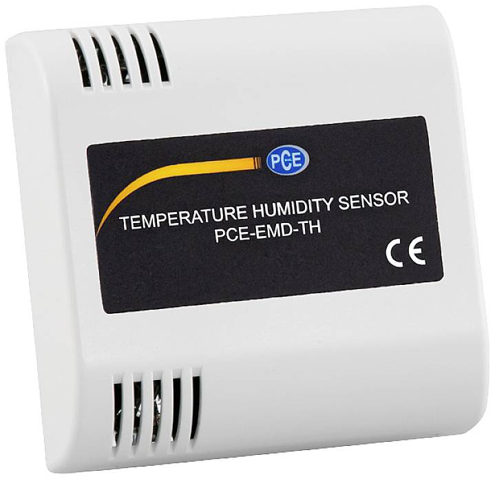 Temperature-Humidity Sensor PCE-EMD-TH with CE Mark. White housing, black label with yellow and blue logo.