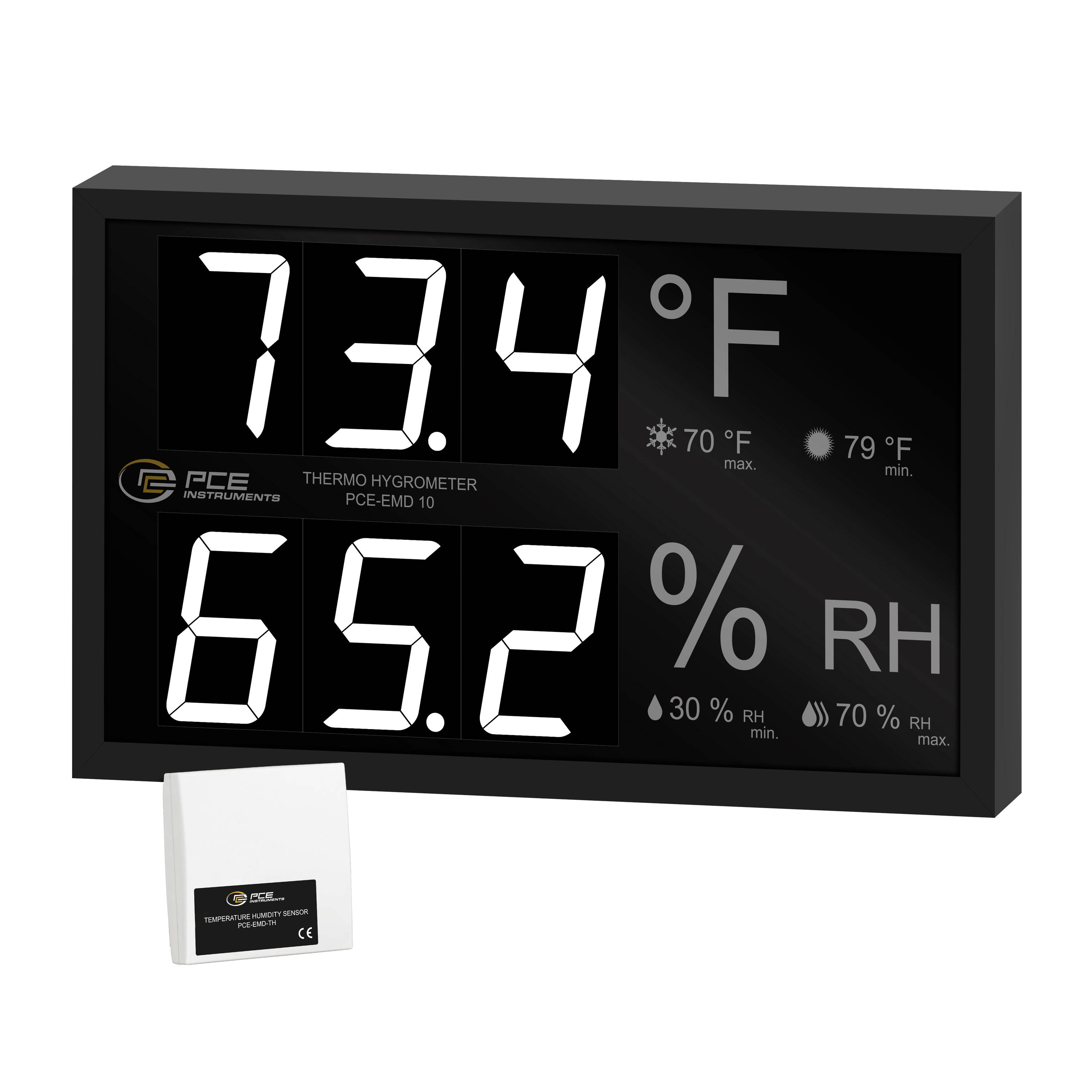 Digital thermo-hygrometer display showing 73.4°F and 65.2% RH, with min/max indicators; small sensor unit shown below.<br>