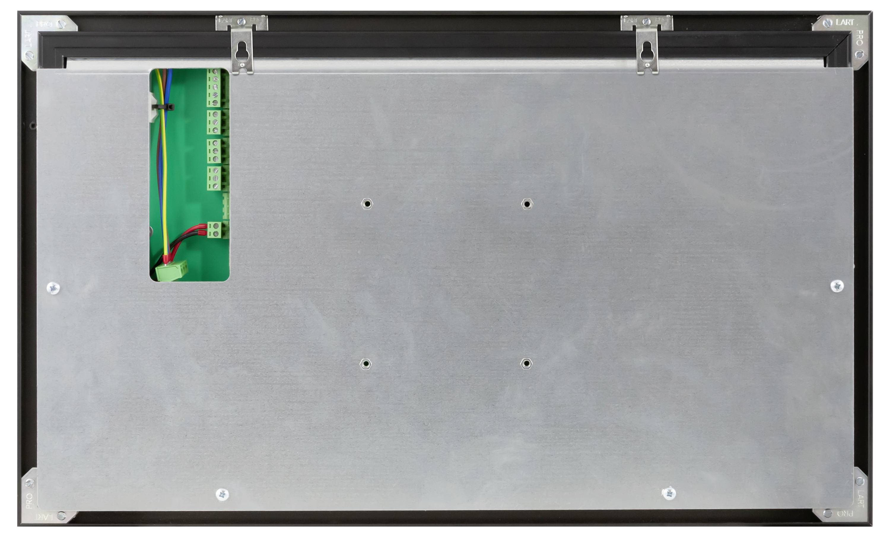 Rear view of a flat metal electronics enclosure with mounting clips and a small cutout showing green circuit boards and wiring inside.