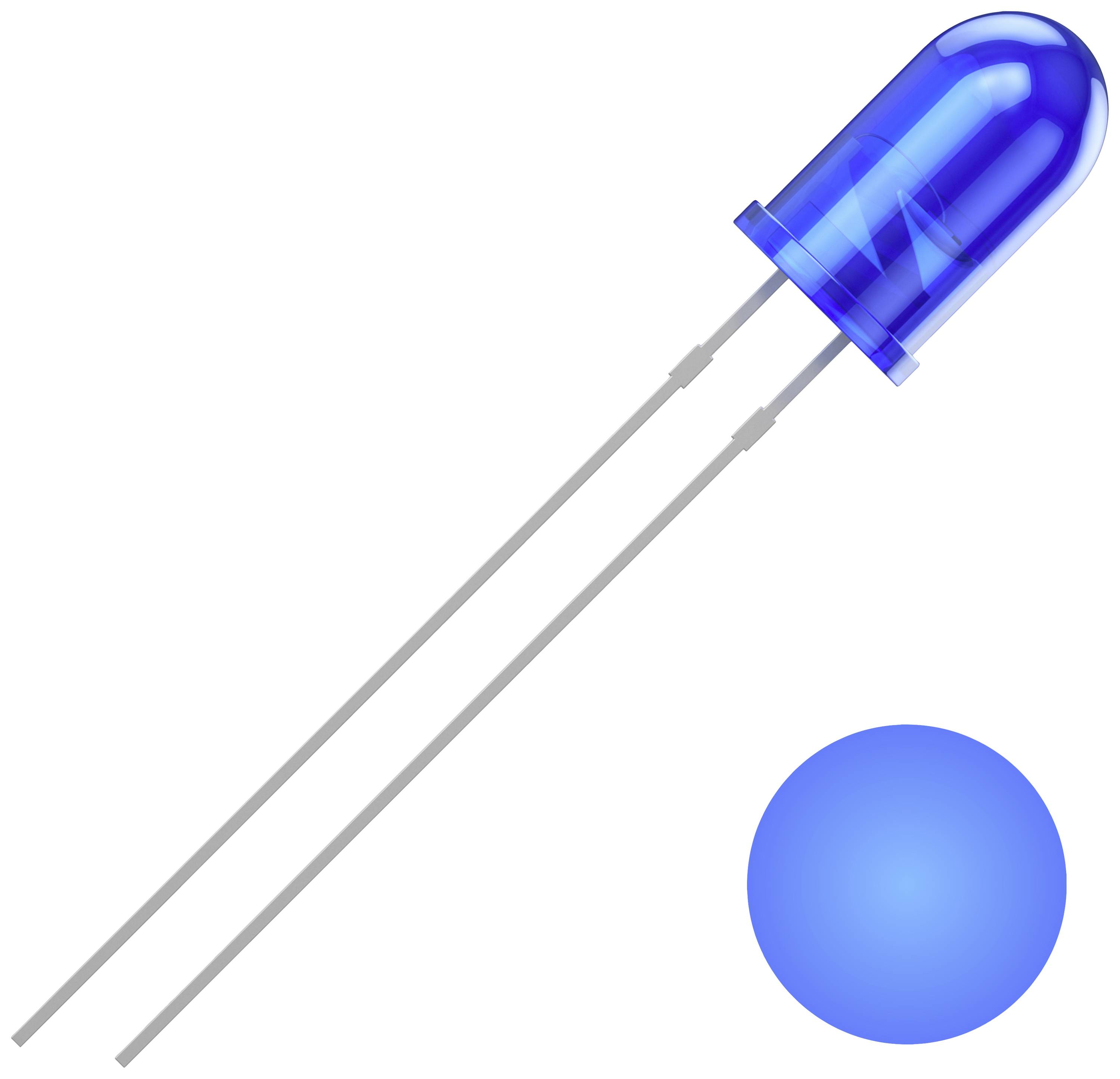 A blue light-emitting diode (LED) with two connecting wires, radiating a blue light sphere.