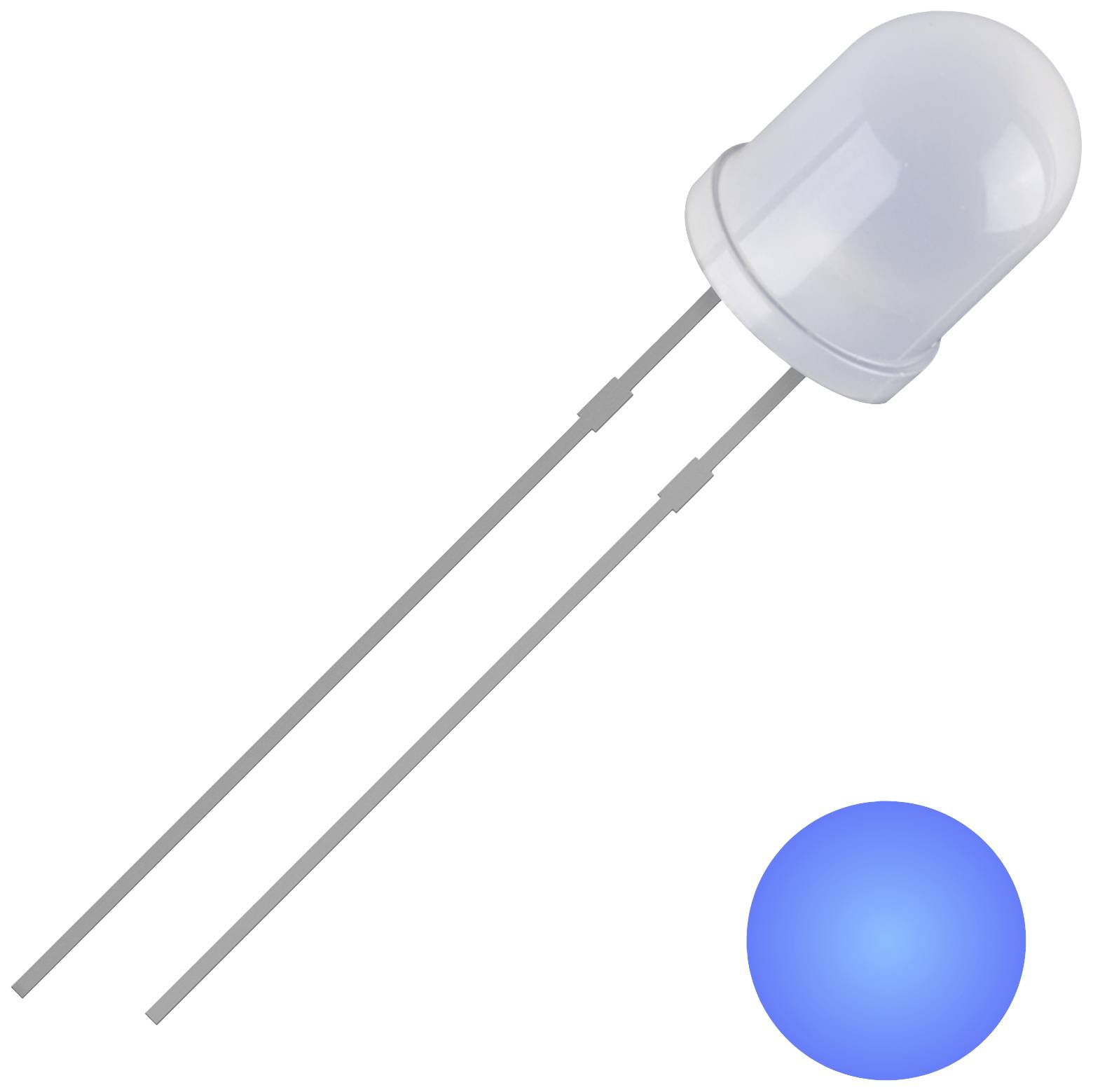 A blue-glowing LED with two pins for electrical connection; beside it a blue illumination as an indication of the light colour.