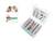 Open plastic box with various wall plugs and a labelling tag. Shows handling in two small images beside it.