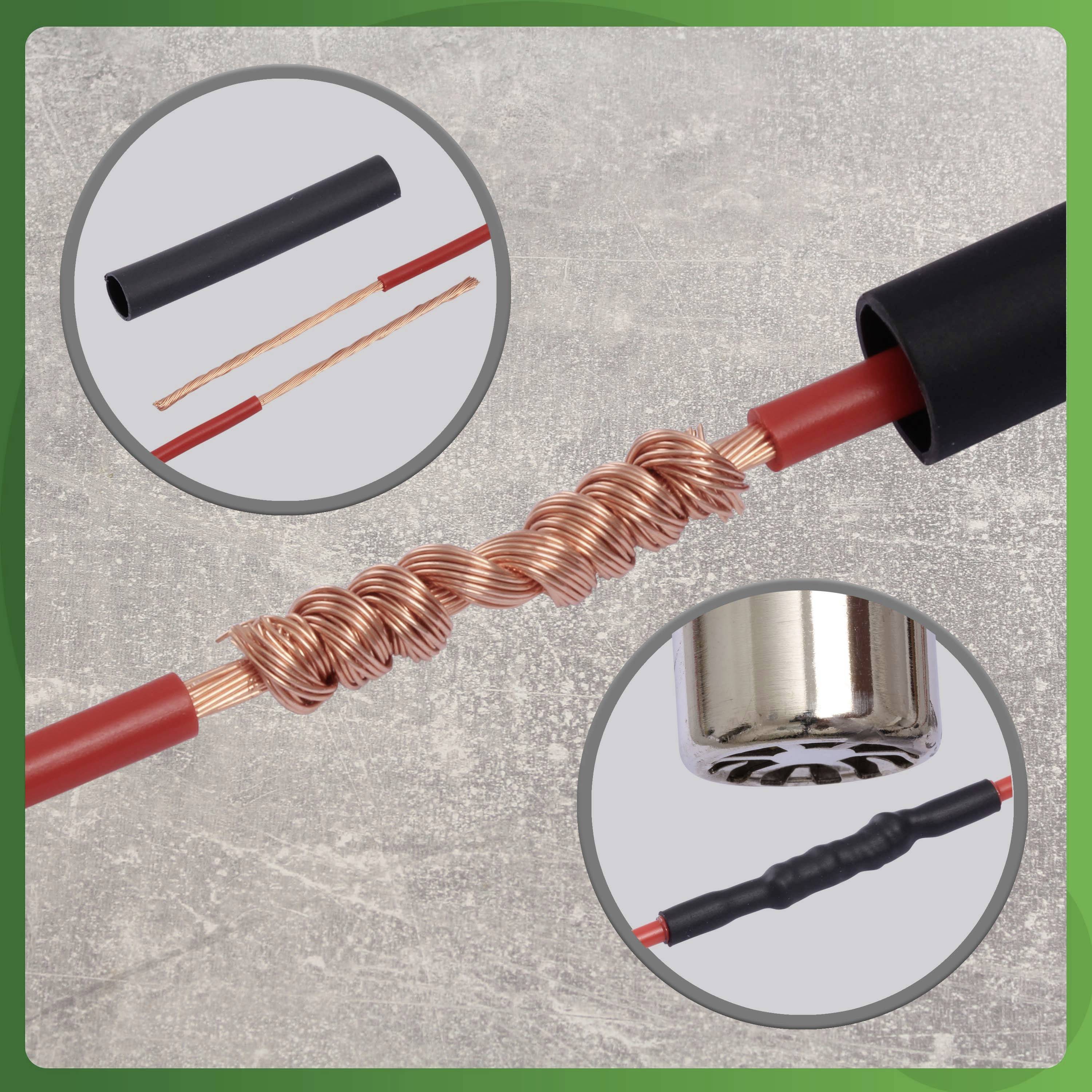A twisted copper wire is connected with a heat-shrink sleeve; shows details of wire construction and insulation.