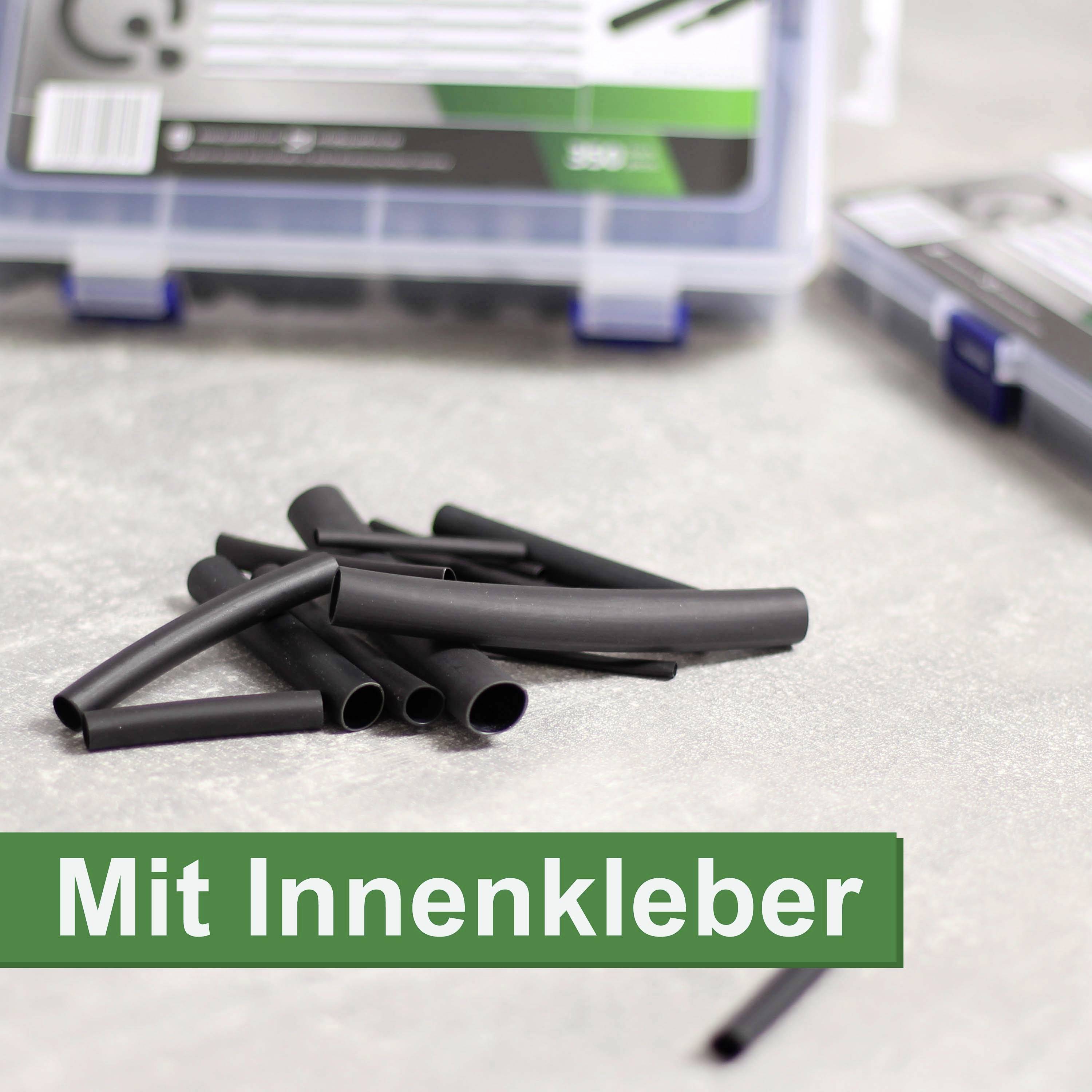 Black heat shrink tubes on a grey surface, with a transparent box in the background. Green text 'With internal adhesive' in the foreground.
