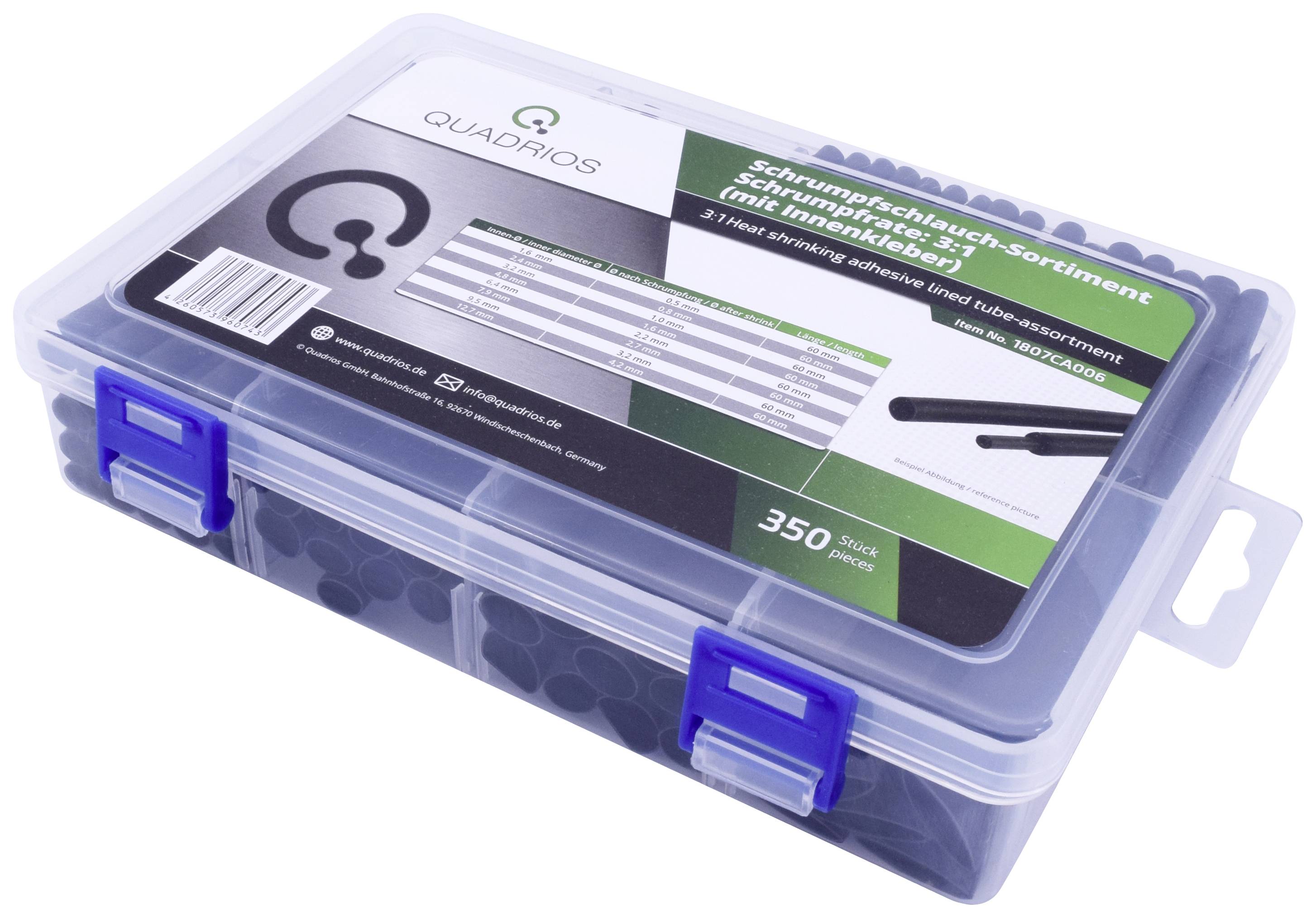 A transparent plastic box with blue closures contains an assortment of heat shrink tubing. Printed label: '350 pieces, shrink ratio 2:1'.