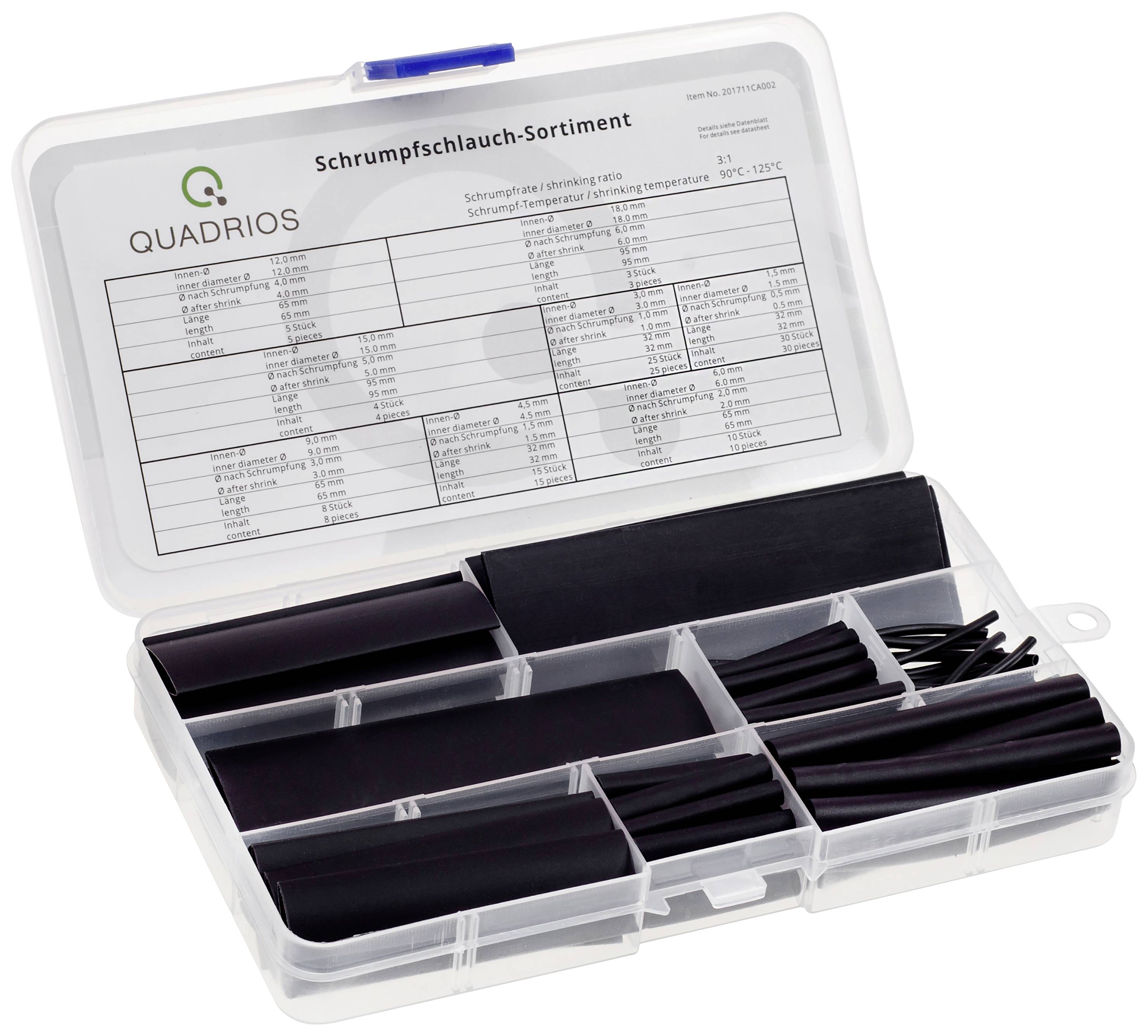 Black heat shrink tubing assortment in a clear compartmentalised box with product information printed inside the lid.