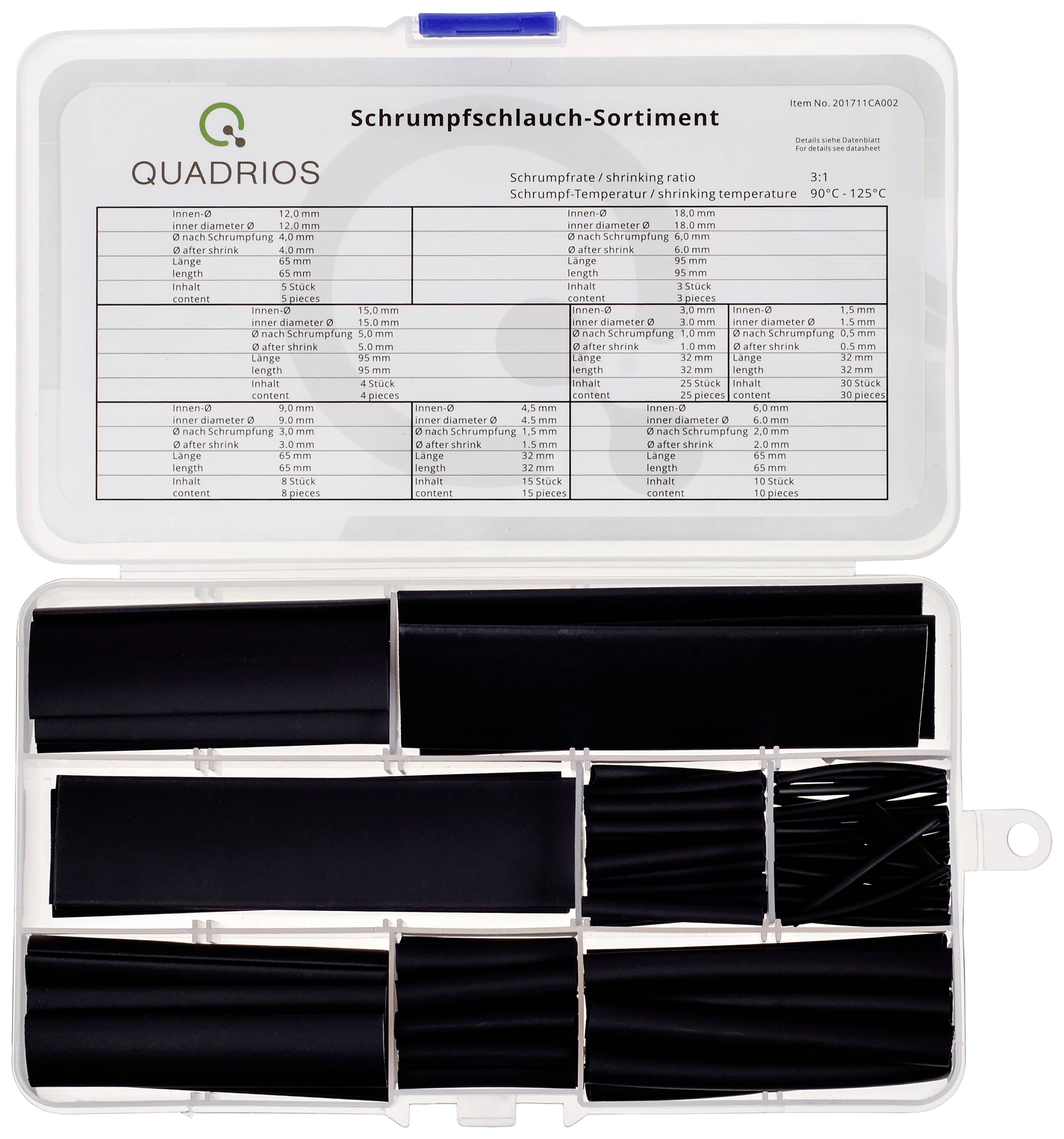Transparent plastic box containing various black heat-shrink tubes. Label indicates shrink ratio and temperature range.