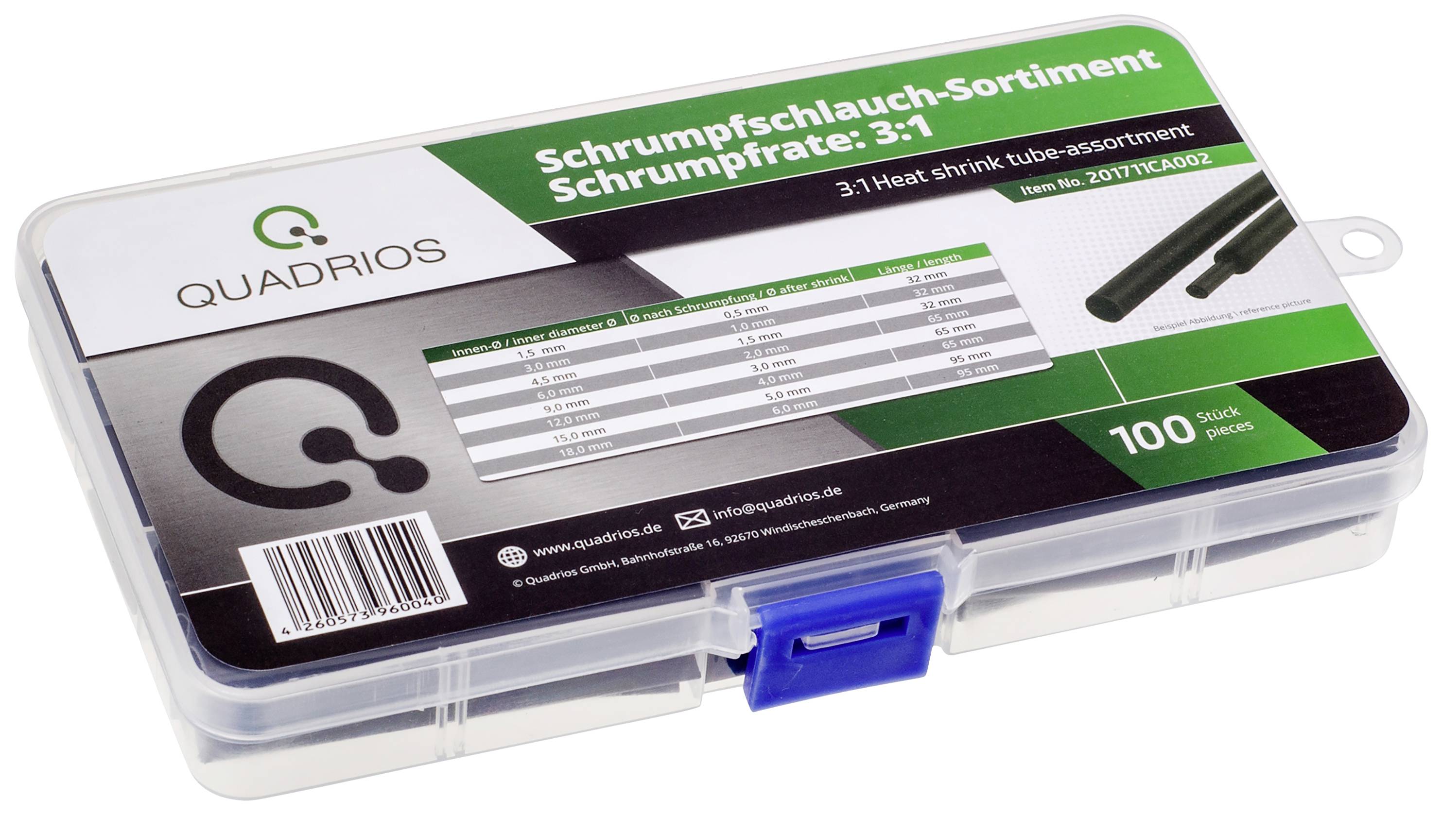 'Quadris Heat Shrink Sleeve Range 3:1' in a transparent box with a blue closure. Contains 100 pieces in various sizes.